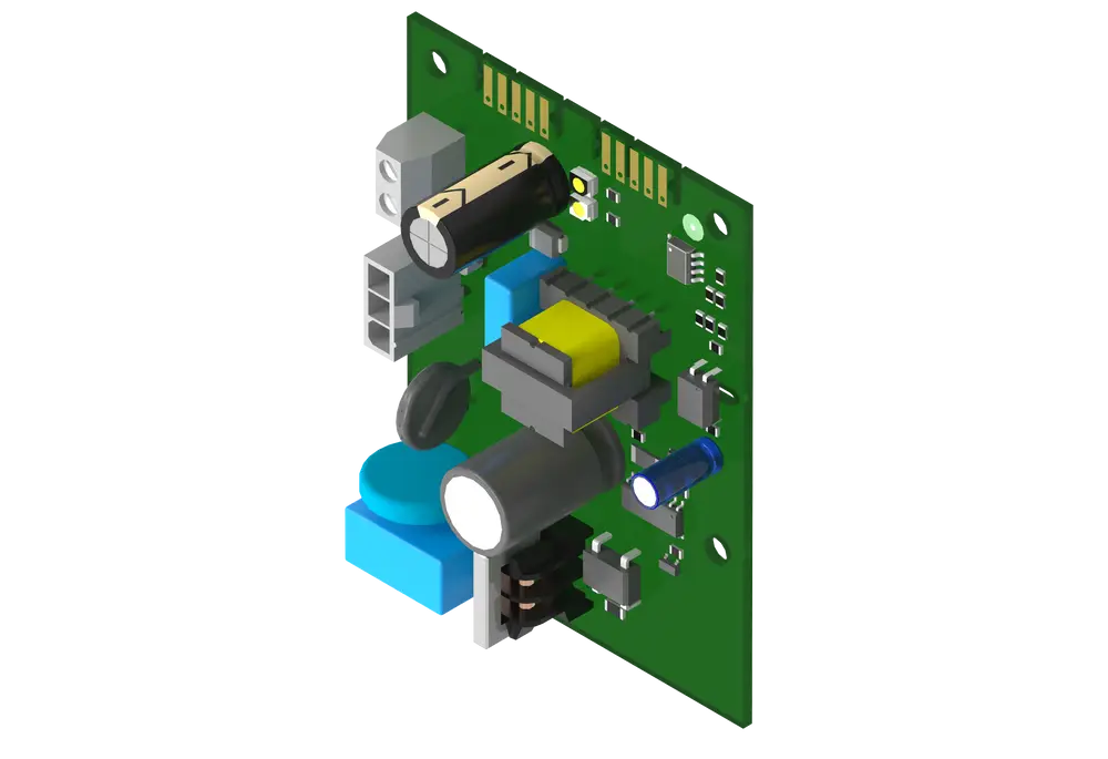 Reglerplatine von Remeha mit verschiedenen elektronischen Komponenten, darunter Widerstände, Kondensatoren und Anschlussstellen, auf einer grünen Leiterplatte.